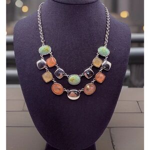 Vintage 2 Strand Silver Tone Turquoise & Coral Color Faux Stone Necklace 16-19”
